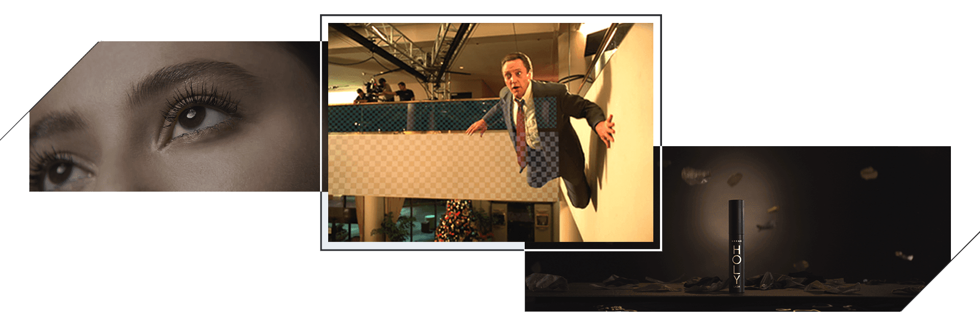 Clean up examples showing eye closeup, man jumping with VFX, and product shot
