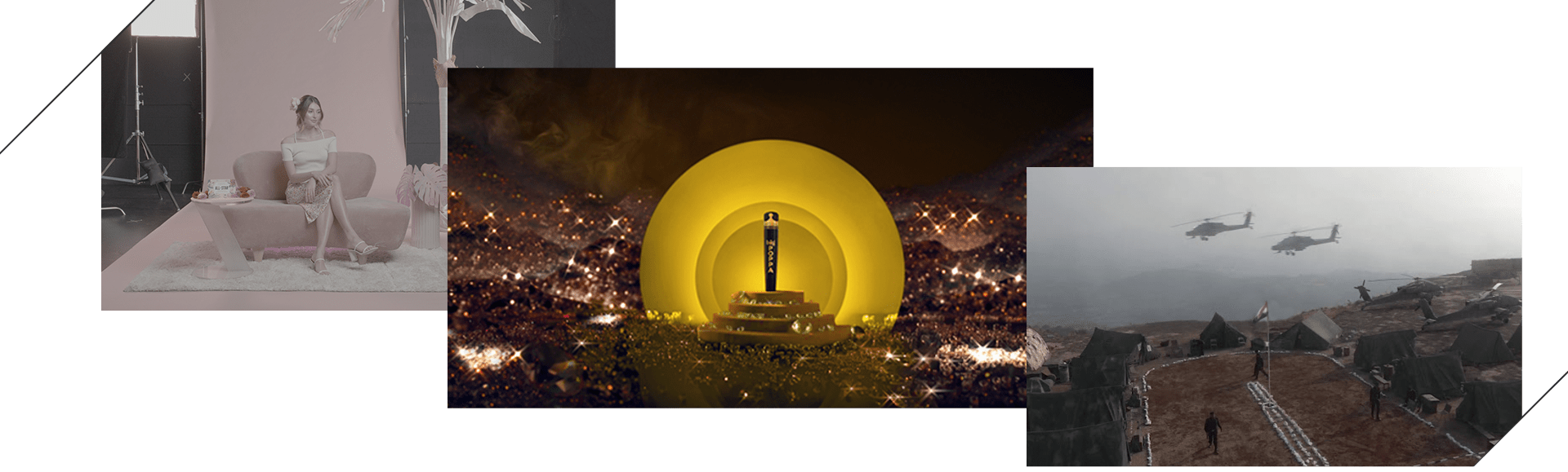 Set extension examples showing studio shoot, golden dome stage, and military camp scene