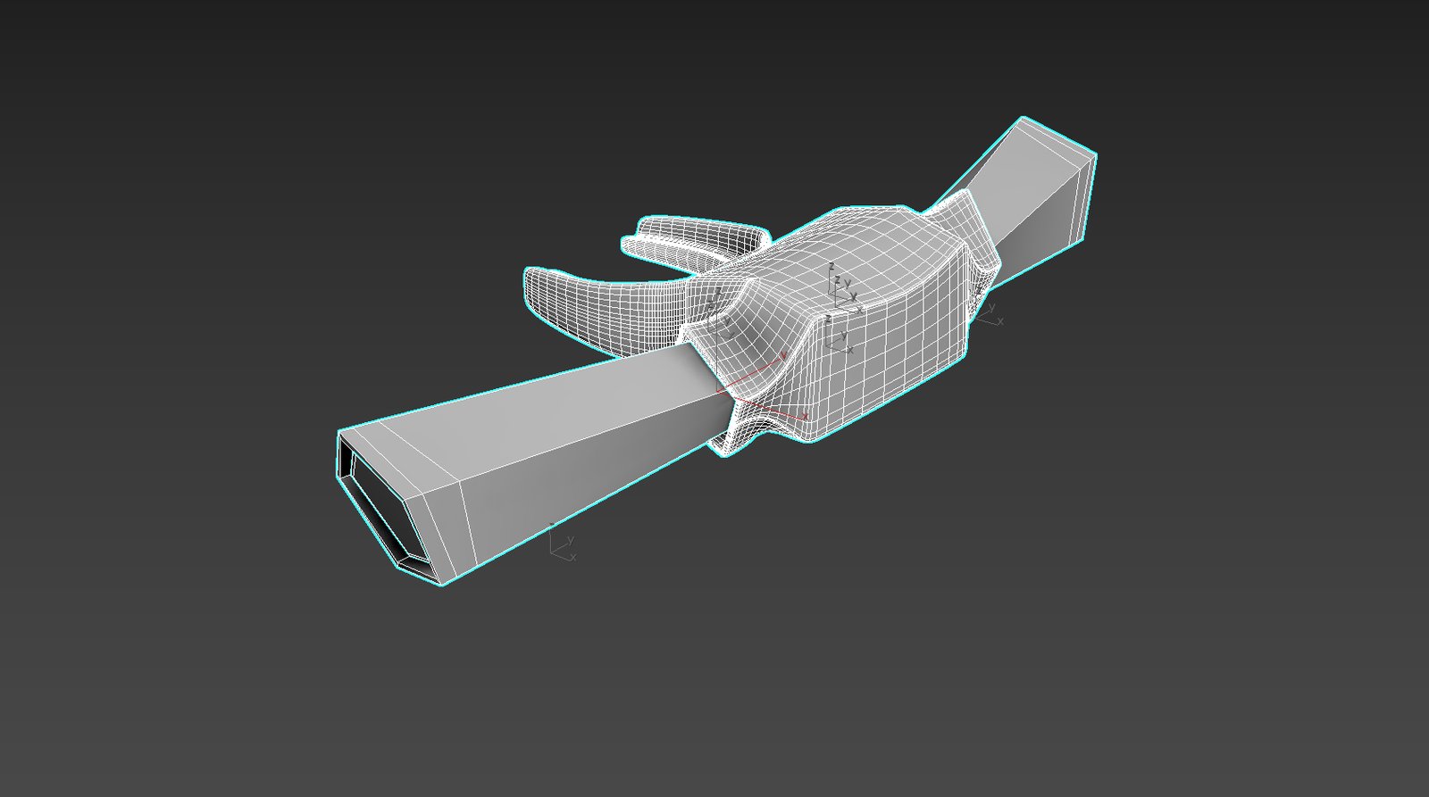 Clean wireframe view of a 3D model, edges highlighted in cyan against a dark studio background