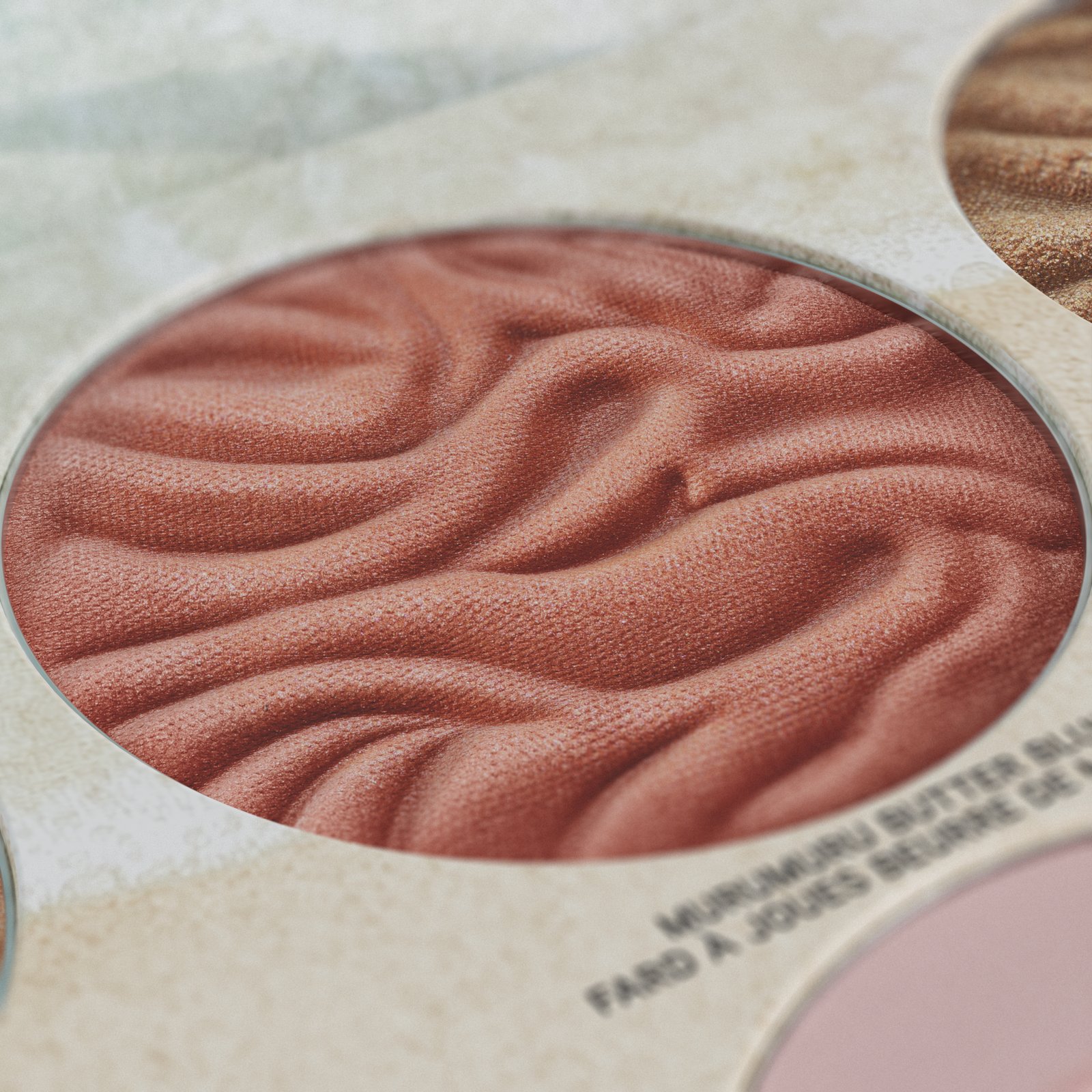 Close-up beauty render with shallow depth of field, highlights racking across the swirled product surface