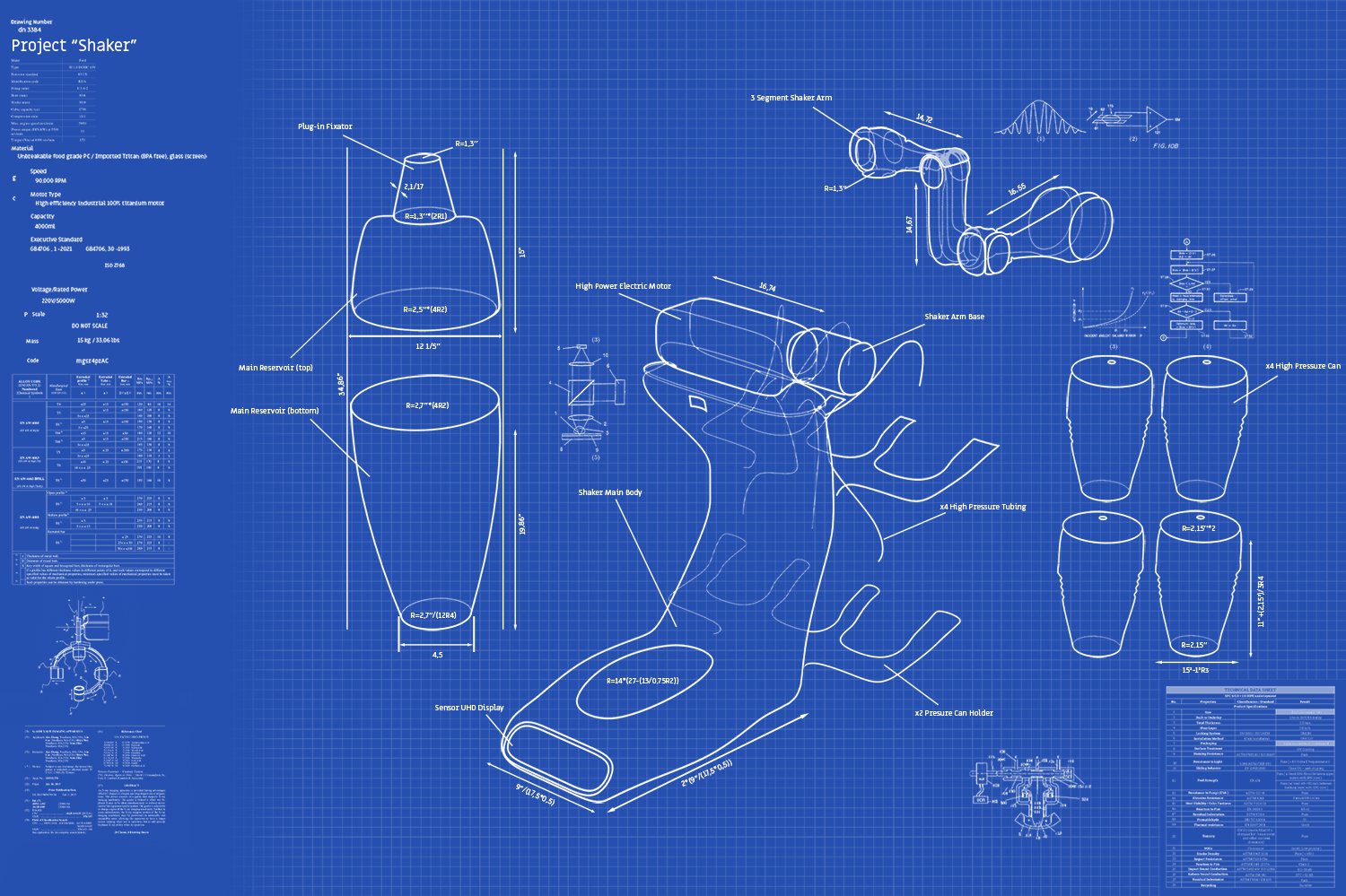 Engineering blueprint of a product concept with dimensions and annotations