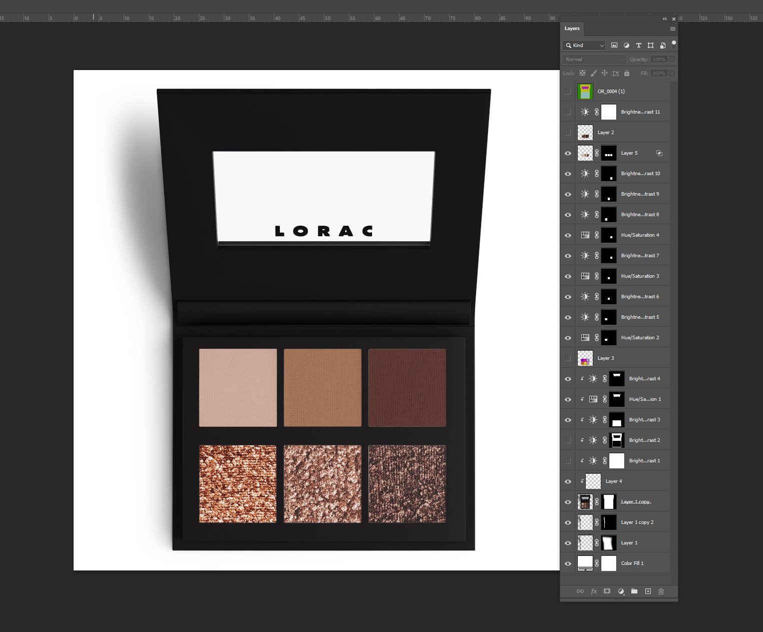 Photoshop composite of an eyeshadow palette with the full layer stack visible in the panel